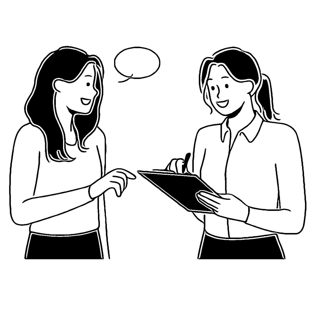 Illustration von zwei Frauen, eine stellt eine Frage, die andere macht sich Notizen auf einem Klemmbrett